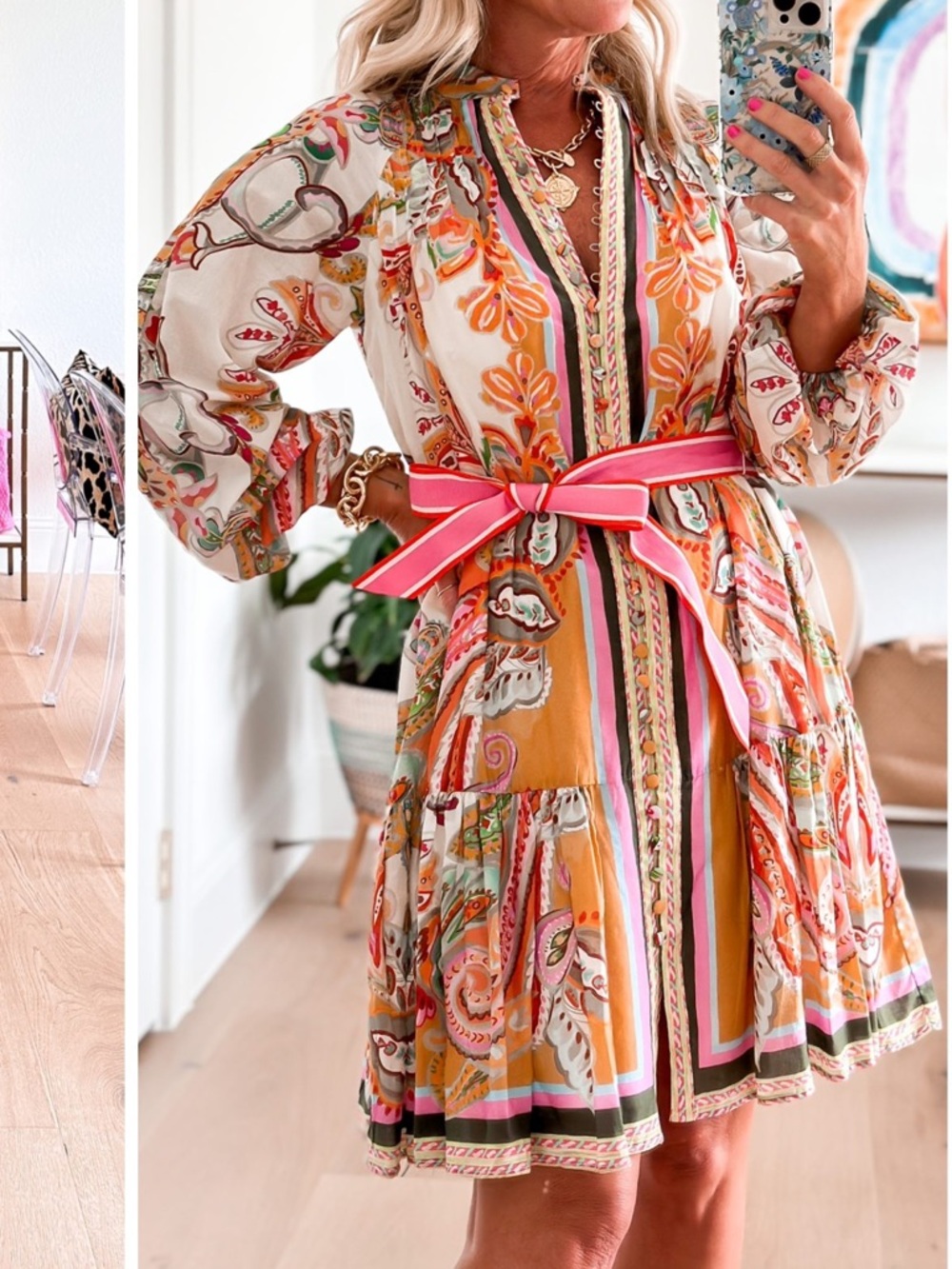 Floral Paisley Tiered Mini Dress in Pink & Cream